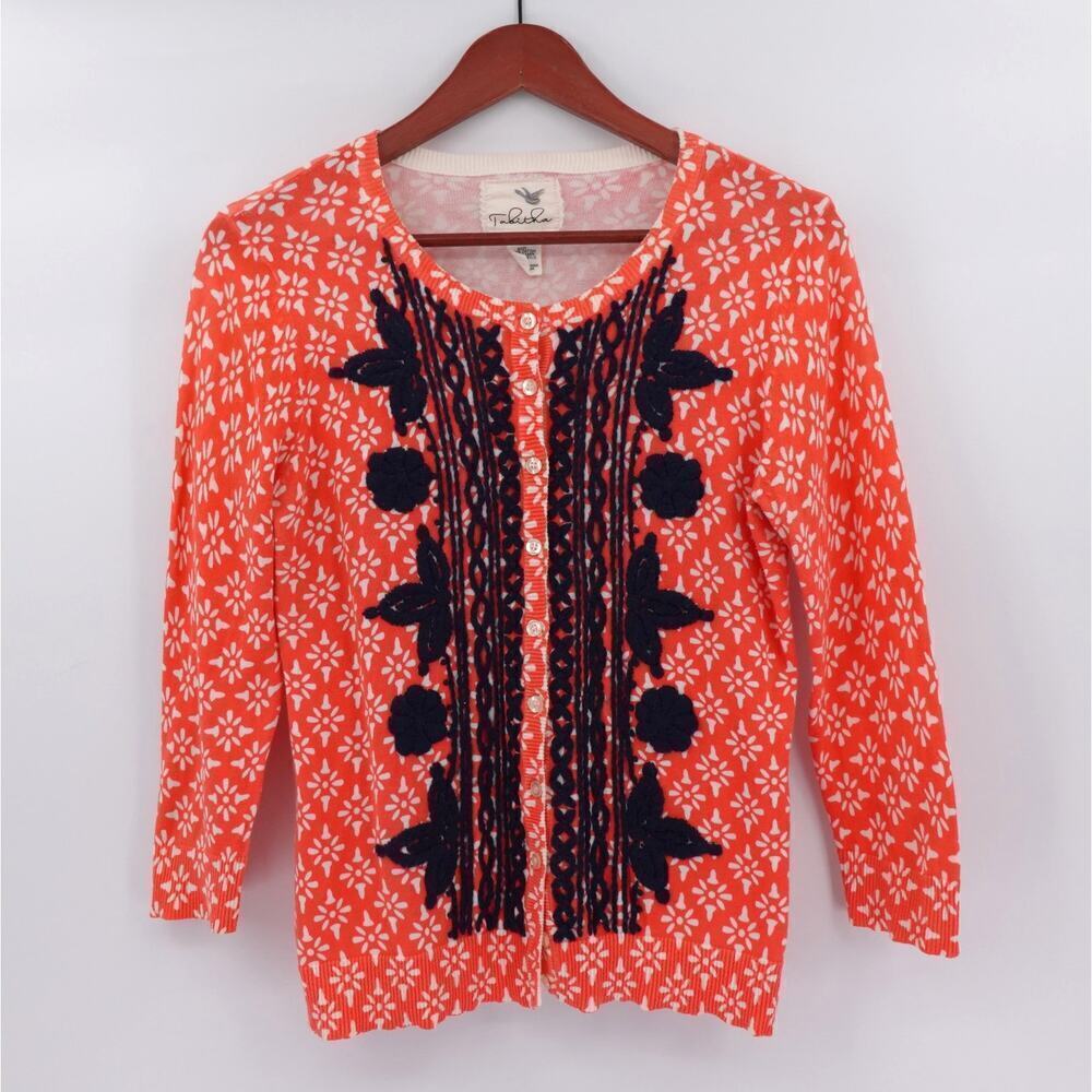Tabitha Anthropologie Cardigan Medium Orange Floral Fine Knit‎ Embroidery Brunch